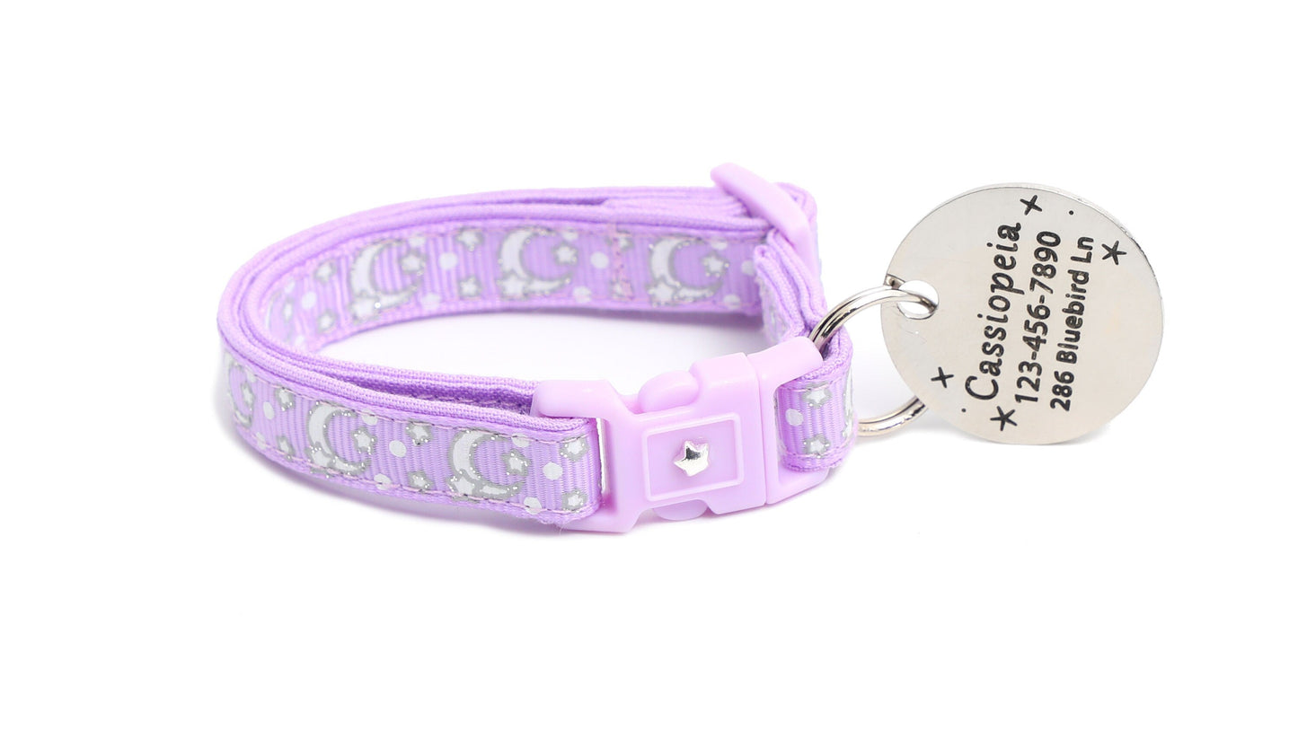 Silver Moons and Stars on Pastel Purple Cat Collar