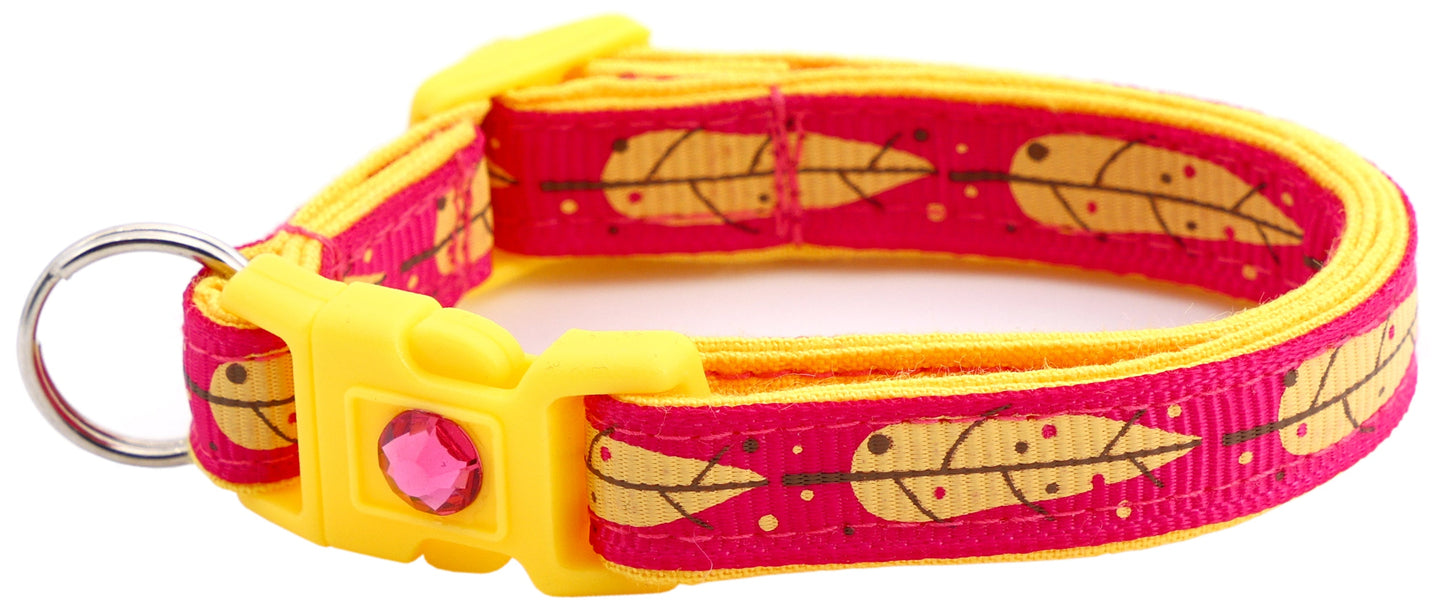 Yellow Bird Feathers on Bright Pink Cat Collar