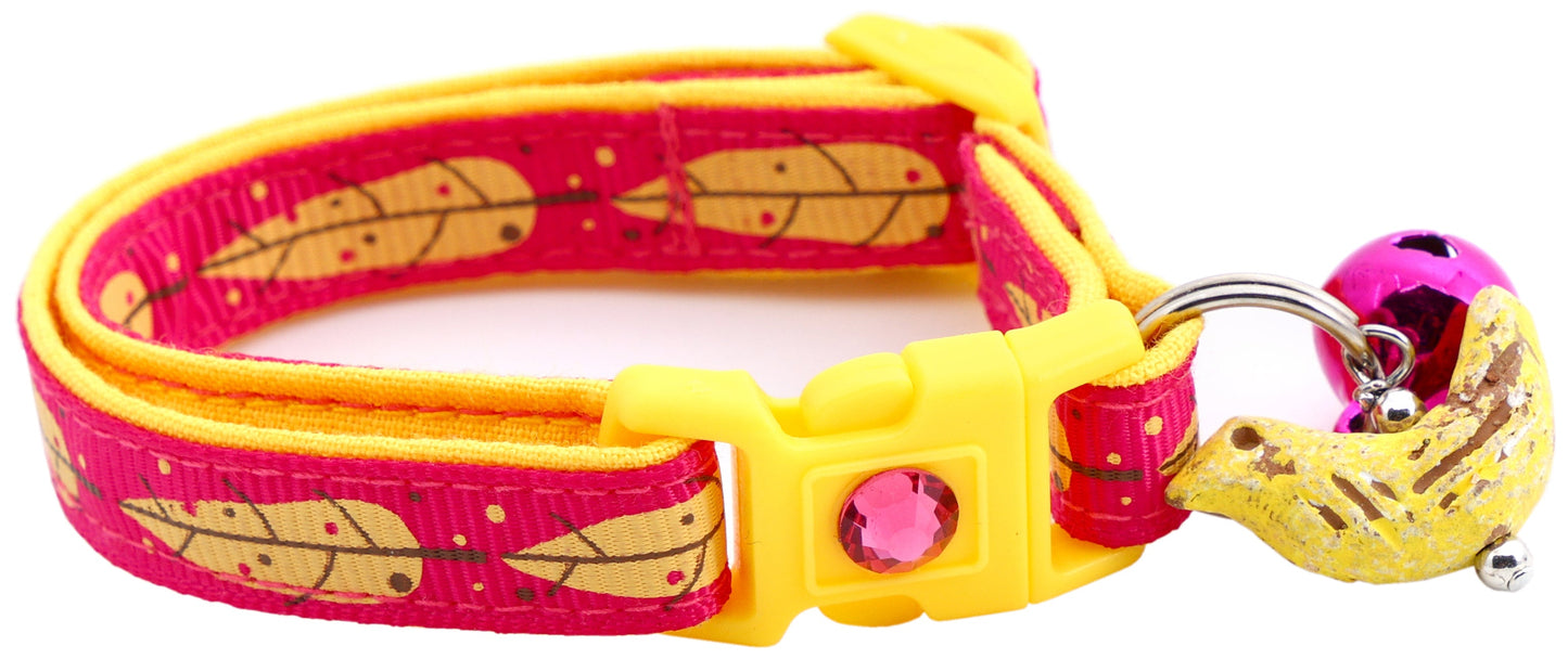 Yellow Bird Feathers on Bright Pink Cat Collar