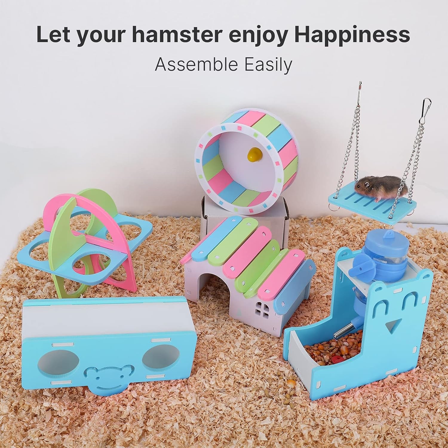 Hamster Toys Wheel Cage Accessories for Dwarf Hamster Wooden House Hideout Syrian Hamster Exercise Wheel Water Bottle with Holder