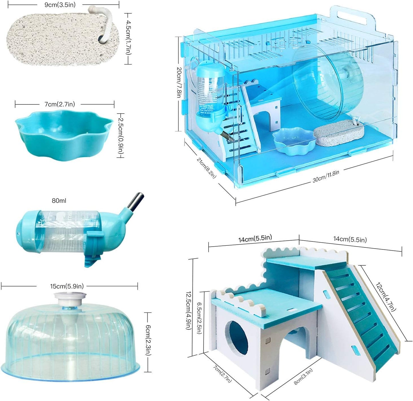 Dwarf Hamster Cage, Hamster Cages and Habitats, Small Animal Cage for Hamsters and Gerbils Includes All Hamster Accessories, 11.8In X 8.7In X 9.1In(Blue)