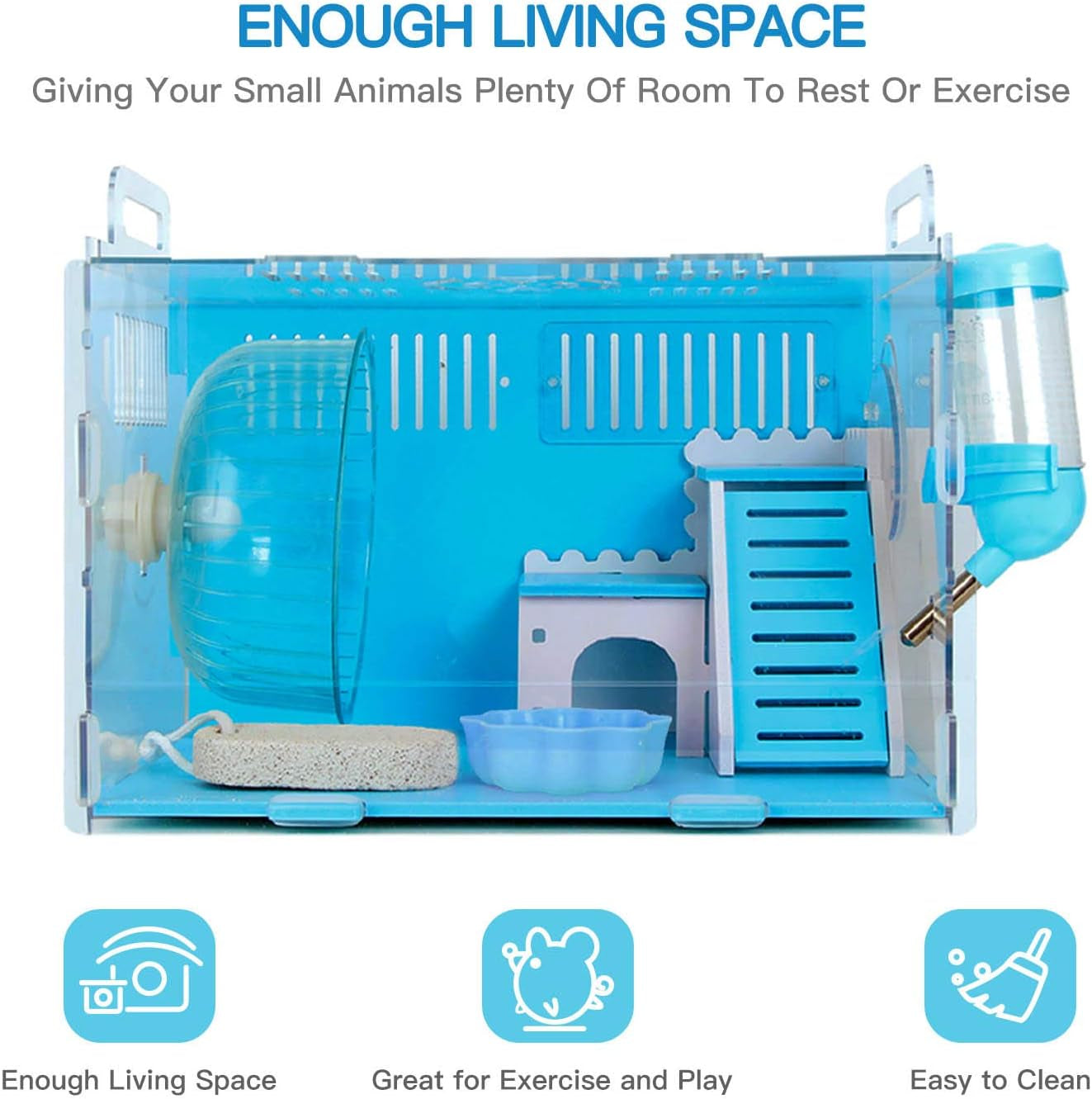 Dwarf Hamster Cage, Hamster Cages and Habitats, Small Animal Cage for Hamsters and Gerbils Includes All Hamster Accessories, 11.8In X 8.7In X 9.1In(Blue)
