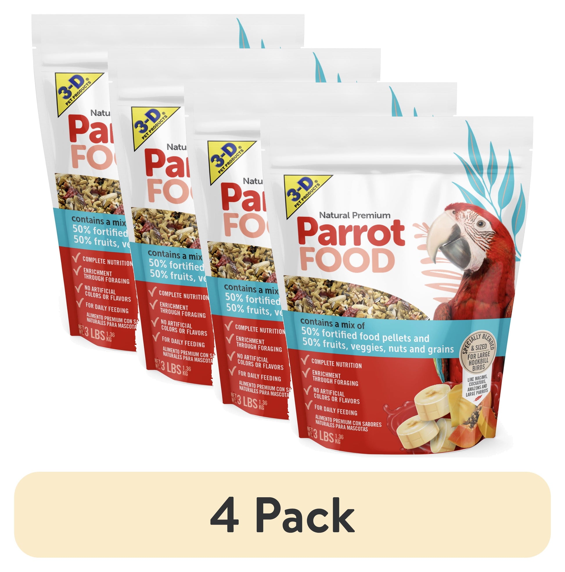 (4 Pack)  Natural Premium Parrot Food, with Fortified Pellets, 3 Lbs