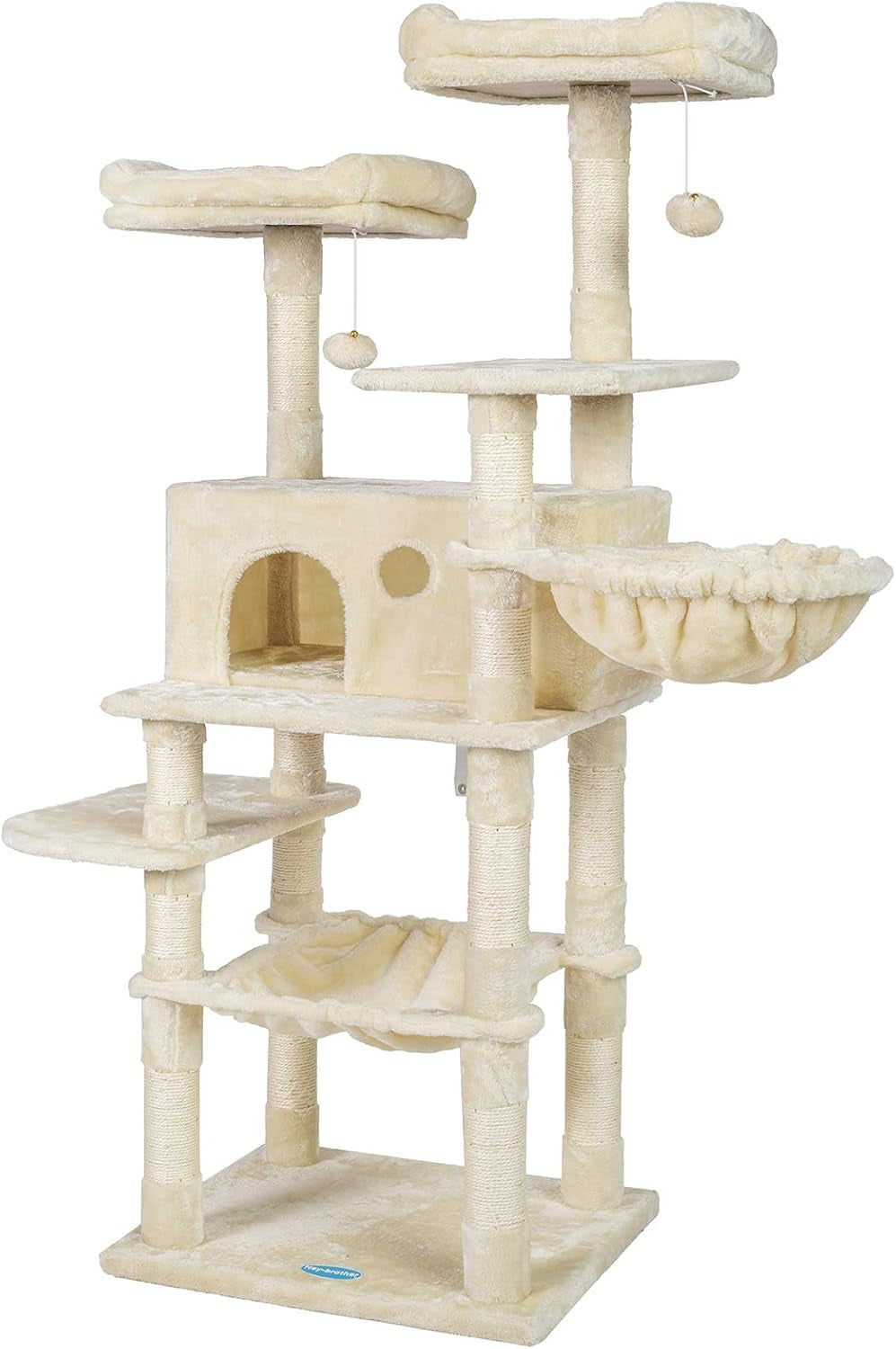 Cat Tree for Large Cats, Cat Tower with Scratching Posts, 2 Padded Plush Perches, Big Condo and Cozy Basket, Beige MPJ025M