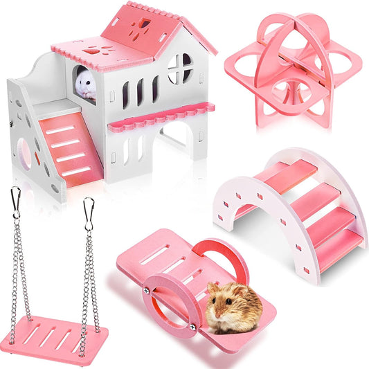 5 Pcs Hamster Toys Include Wooden Accessories Hamster House Guinea Pig Hideout Rainbow Bridge Seesaw Swing Exercise Circle Cage Toy for Small Animals(6.3 X 3.93 X 5.5 Inch,Pink)