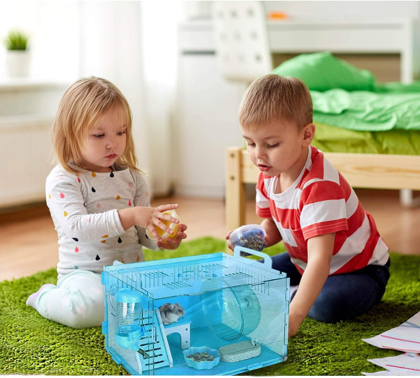 Dwarf Hamster Cage, Hamster Cages and Habitats, Small Animal Cage for Hamsters and Gerbils Includes All Hamster Accessories, 11.8In X 8.7In X 9.1In(Blue)