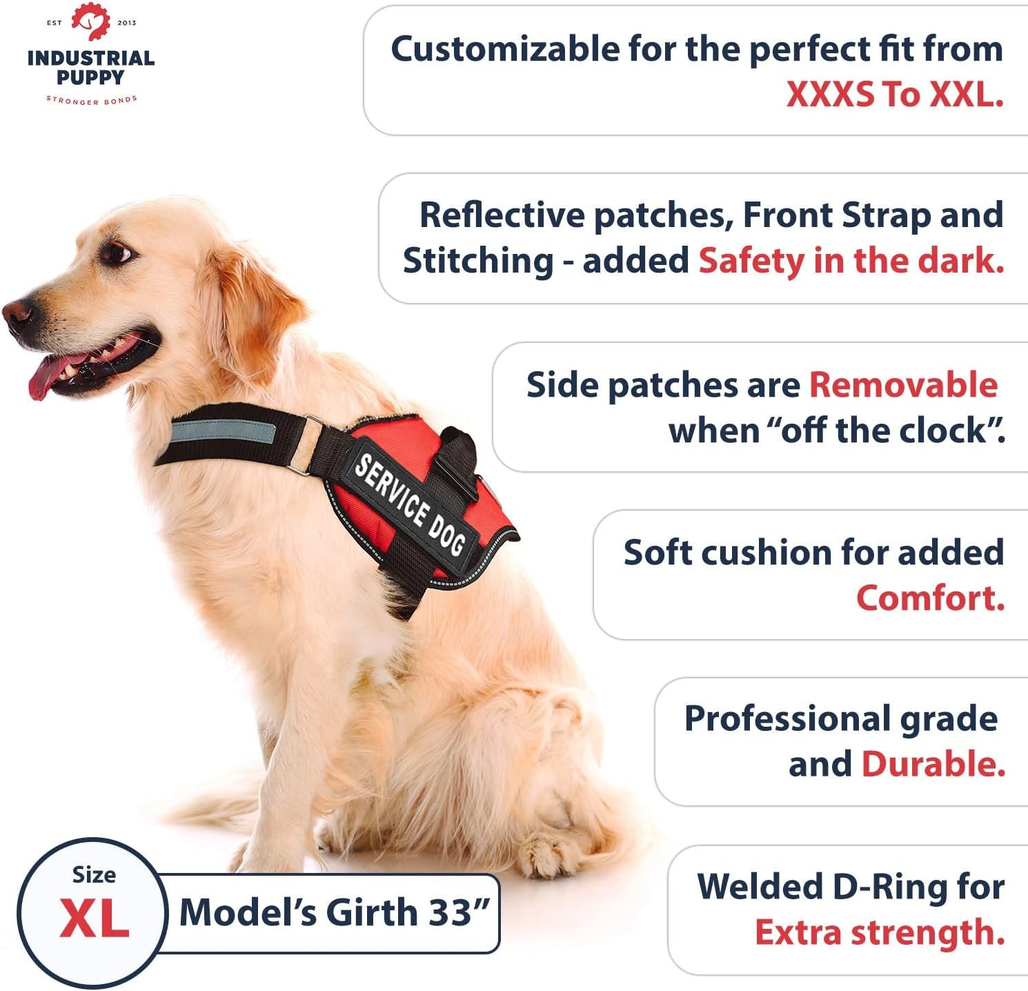 Service Dog Vest with Hook and Loop Straps and Matching Service Dog Leash Set - Harnesses from XXS to XXL - Harness Features Reflective Patch and Comfortable Mesh Design