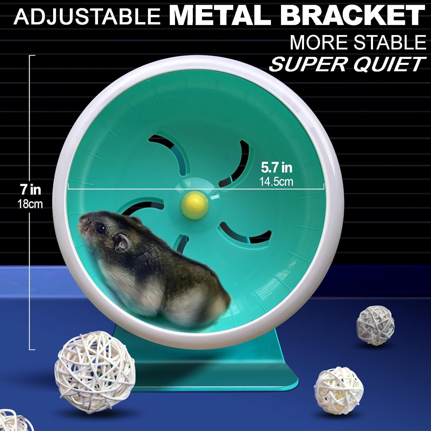 Hamster Silent Wheel, Super-Silent Small Animal Exercise Wheel Accessories, Quiet Hamster Running Wheels with Adjustable Stand for Hamsters,Gerbils,Mice, Small Pet 7In (Blue A)