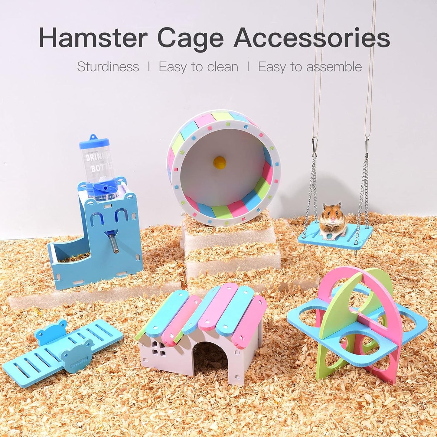 Hamster Exercise Wheel Hamster Chew Toys Hamster Accessories with 2 in 1 Hamster Water Bottle 7 Pack (Blue)