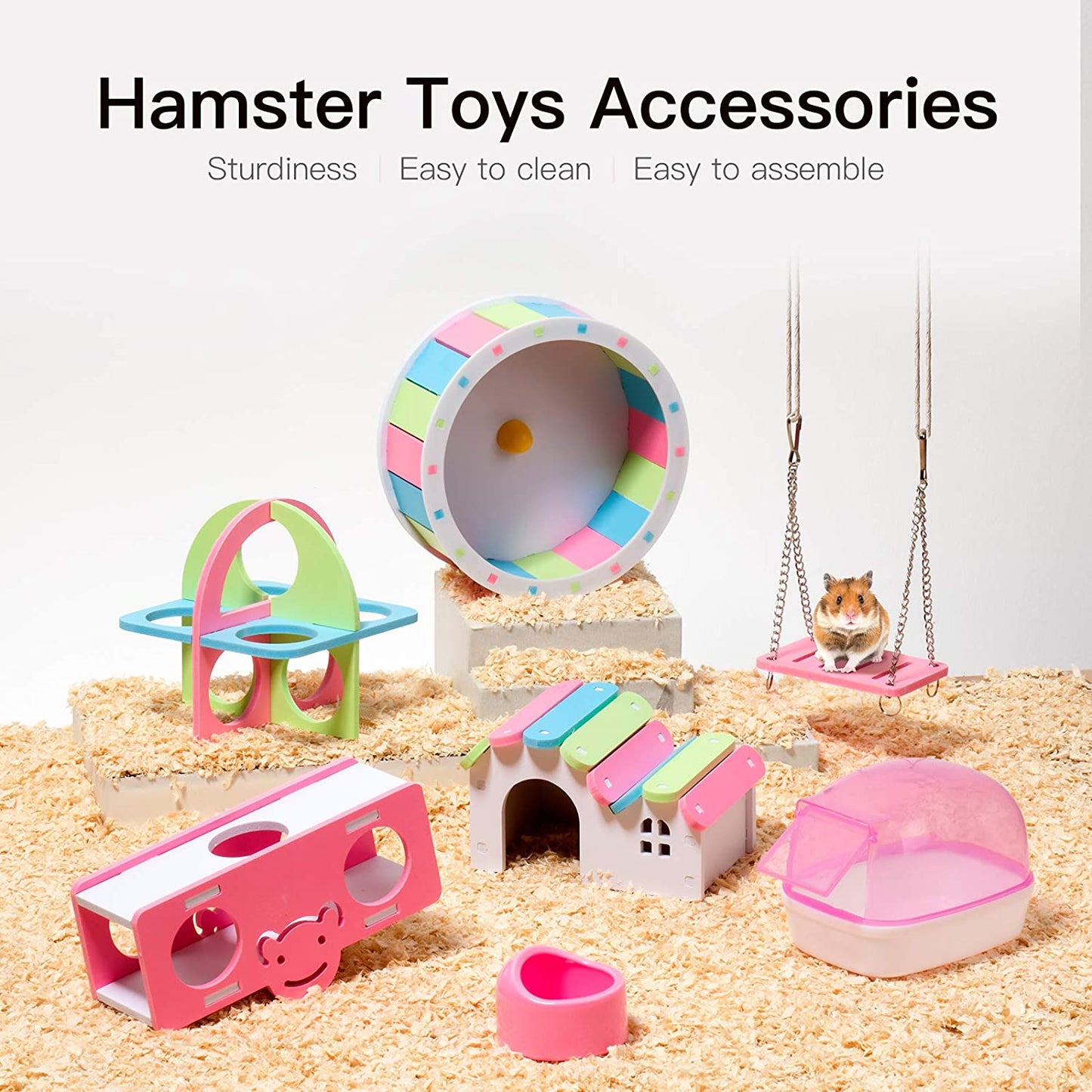 Hamster Exercise Wheel Hamster Chew Toys Hamster Accessories Hamster Houses Plastic Sand Bath 7 Pack - Pink