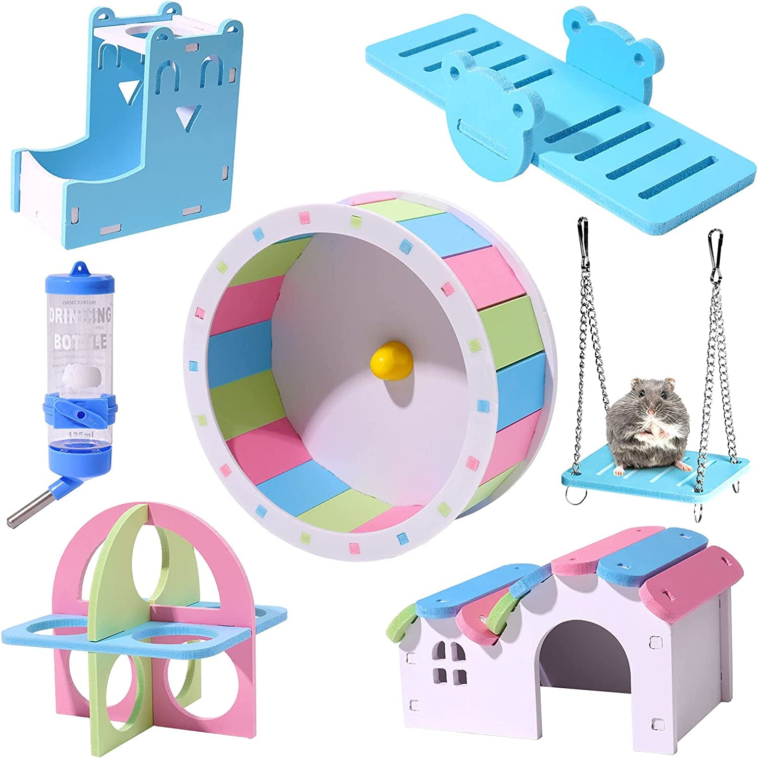 Hamster Exercise Wheel Hamster Chew Toys Hamster Accessories with 2 in 1 Hamster Water Bottle 7 Pack (Blue)