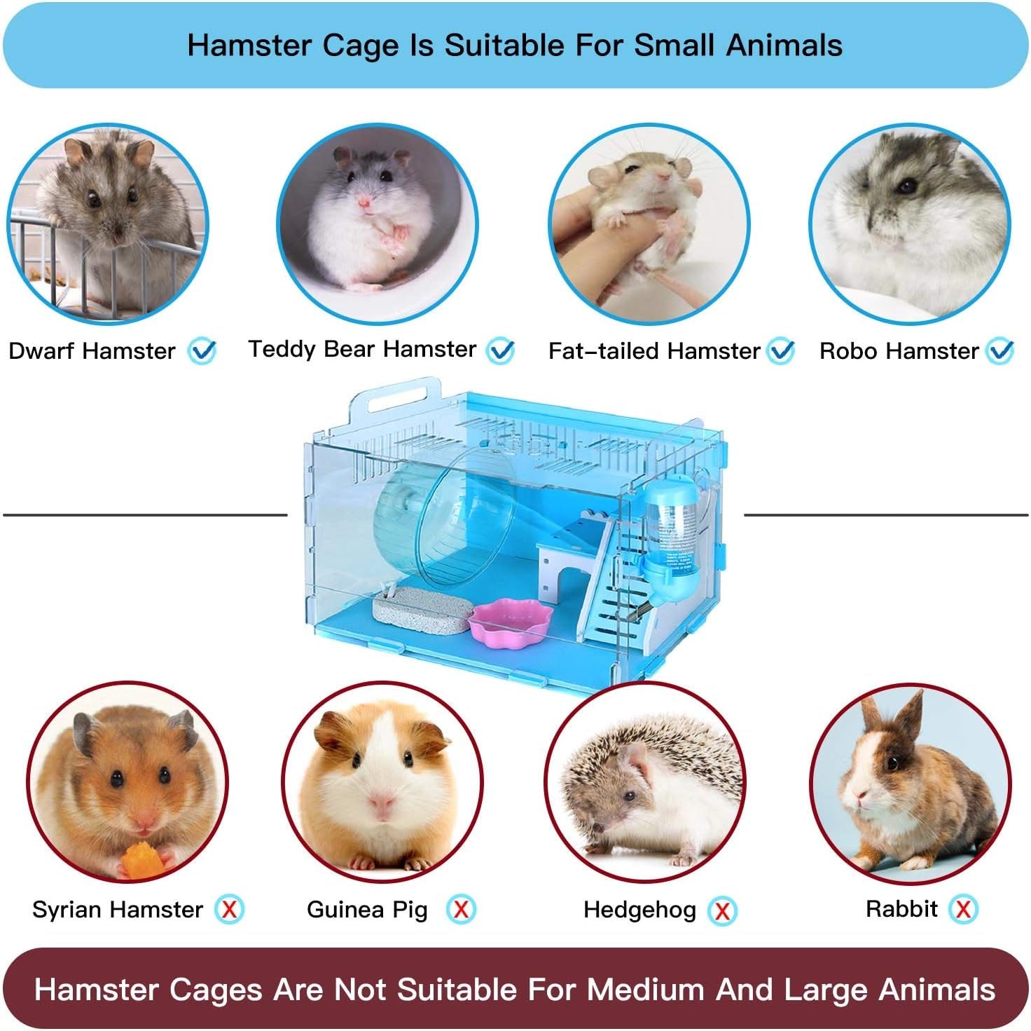 Dwarf Hamster Cage, Hamster Cages and Habitats, Small Animal Cage for Hamsters and Gerbils Includes All Hamster Accessories, 11.8In X 8.7In X 9.1In(Blue)