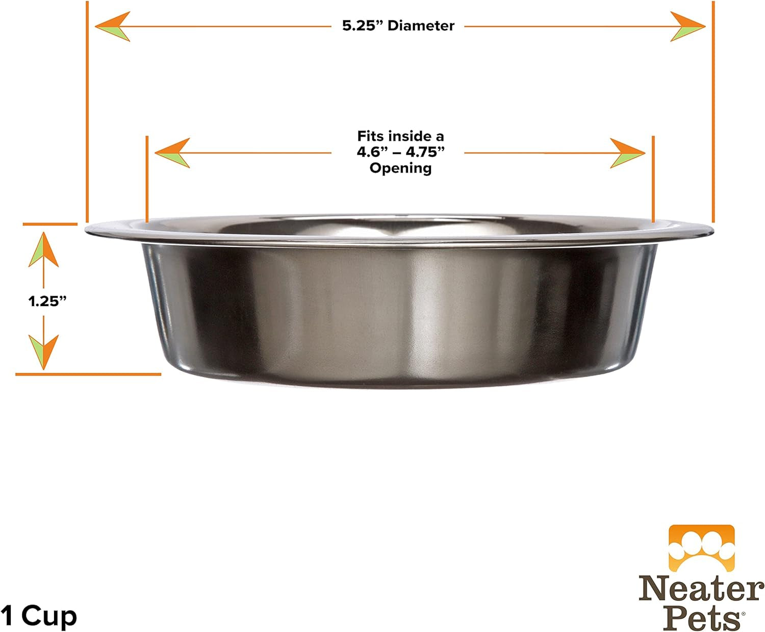 1 Cup (8 Oz.) Shallow Stainless Steel Cat Bowls, Set of 2 Neater Feeder Replacement Bowls (Express & Deluxe), Metal Cat Dishes for Food and Water, Whisker Friendly, Dishwasher Safe