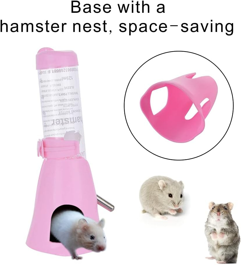 Hamster Water Bottle, Little Pet Automatic Drinking Bottle with Food Container Base Hut Hanging Water Feeding Bottles Auto Dispenser for Small Animals (125Ml,Pink)