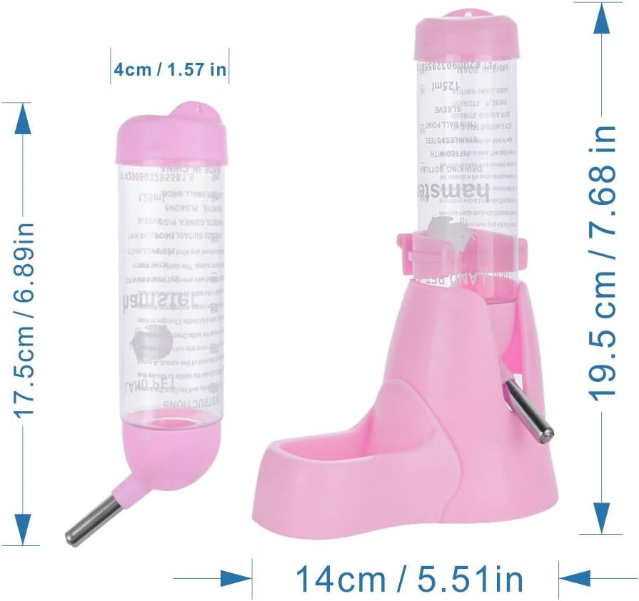 Hamster Water Bottle, Little Pet Automatic Drinking Bottle with Food Container Base Hut Hanging Water Feeding Bottles Auto Dispenser for Small Animals (125Ml,Pink)