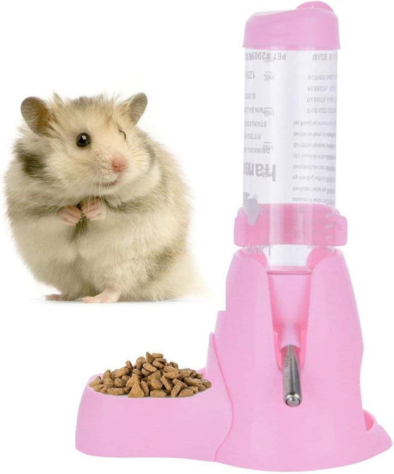 Hamster Water Bottle, Little Pet Automatic Drinking Bottle with Food Container Base Hut Hanging Water Feeding Bottles Auto Dispenser for Small Animals (125Ml,Pink)