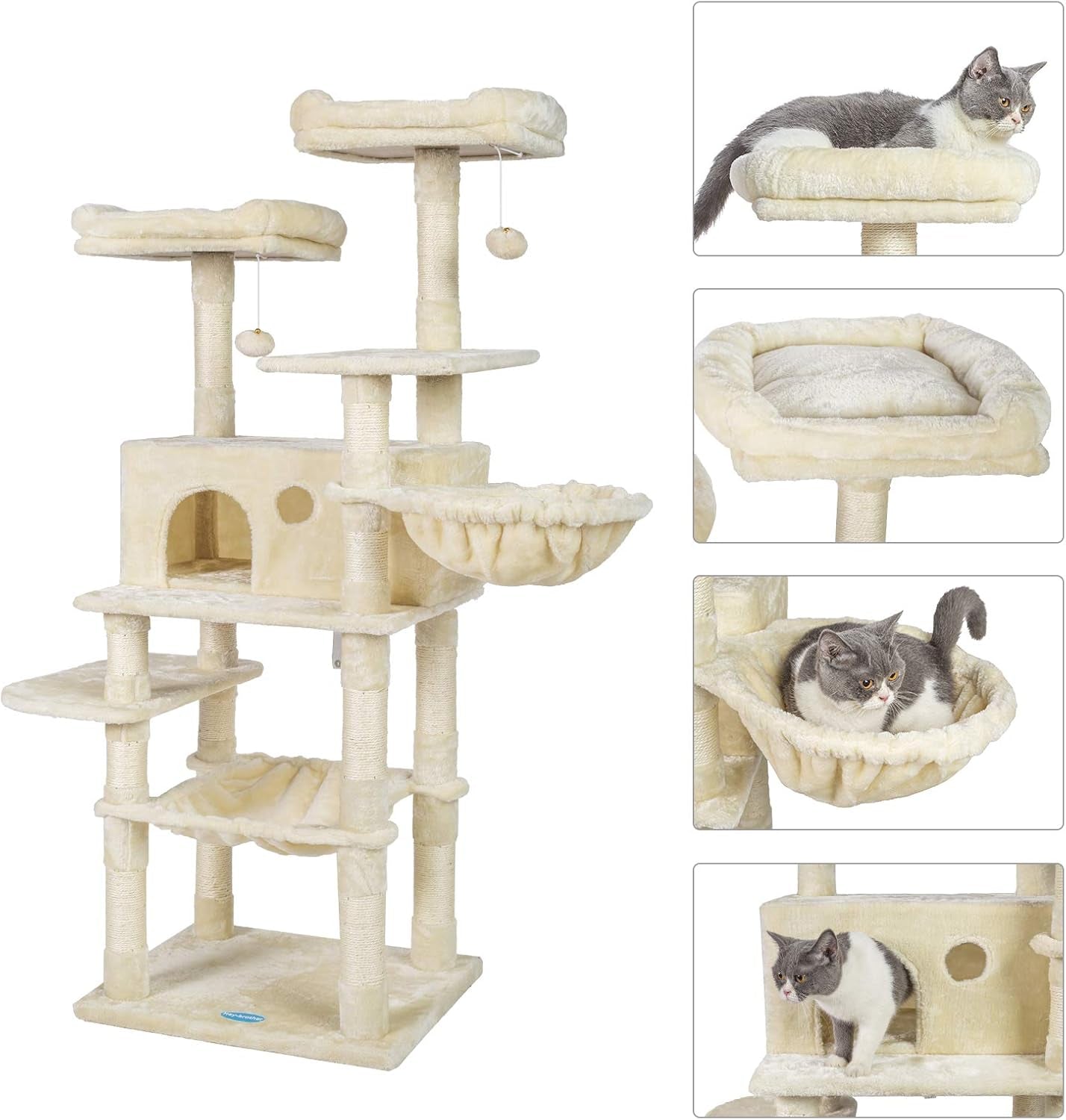 Cat Tree for Large Cats, Cat Tower with Scratching Posts, 2 Padded Plush Perches, Big Condo and Cozy Basket, Beige MPJ025M