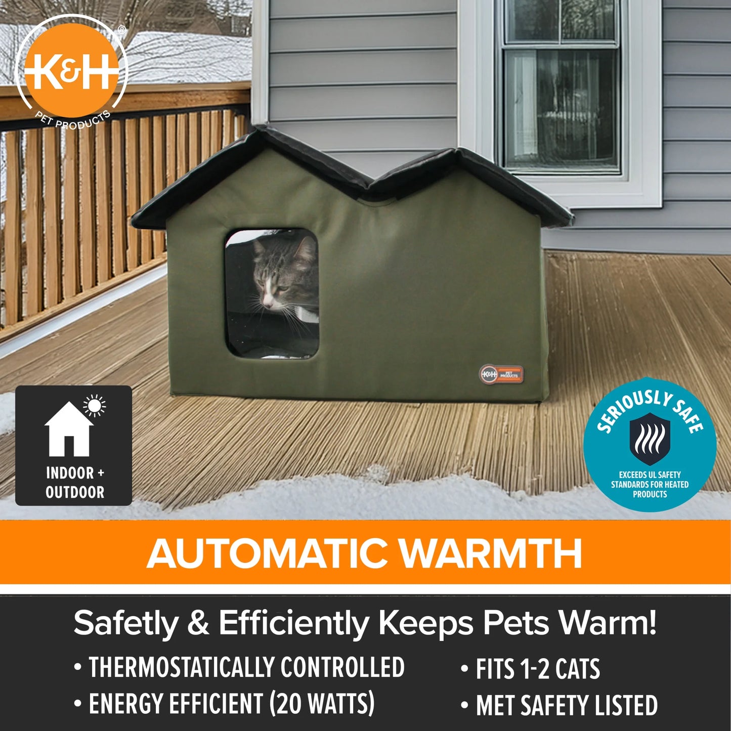 Outdoor Heated Kitty House for Cats, Extra-Wide Olive/Black