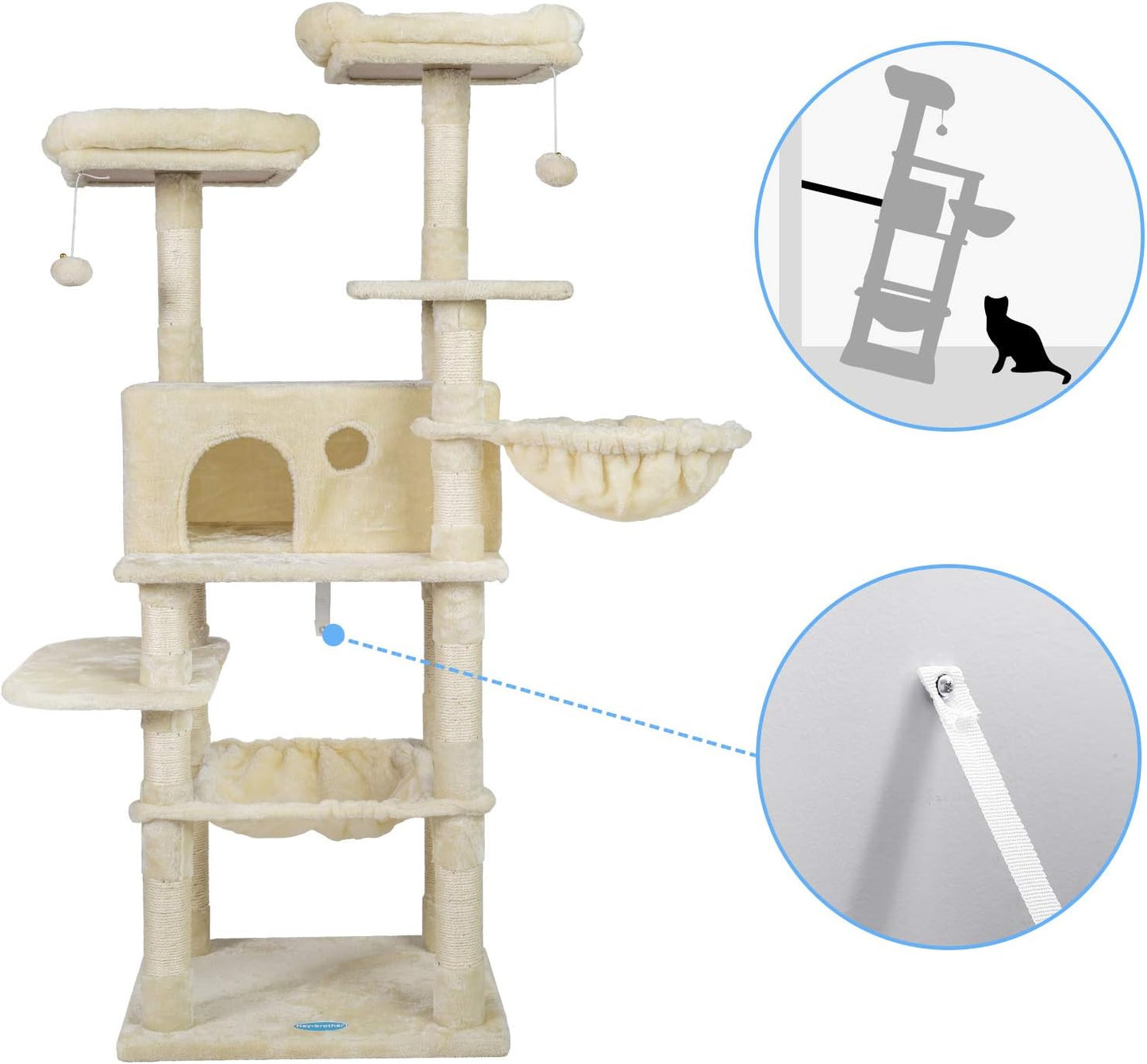 Cat Tree for Large Cats, Cat Tower with Scratching Posts, 2 Padded Plush Perches, Big Condo and Cozy Basket, Beige MPJ025M