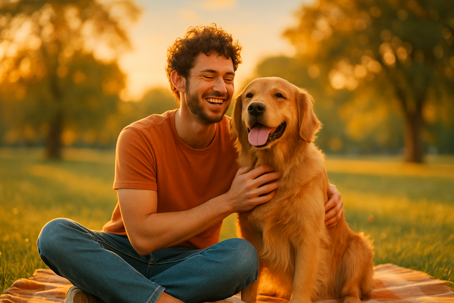 i want a picture that has the brand colors in it and a person enjoying time with there pet