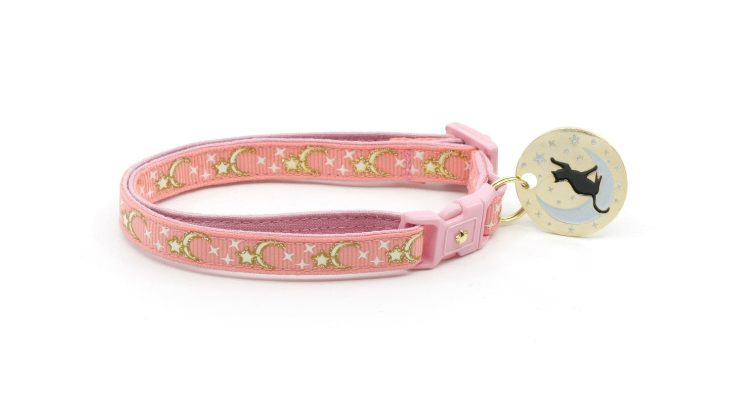 Gold Moons and Stars on Coral Pink Cat Collar