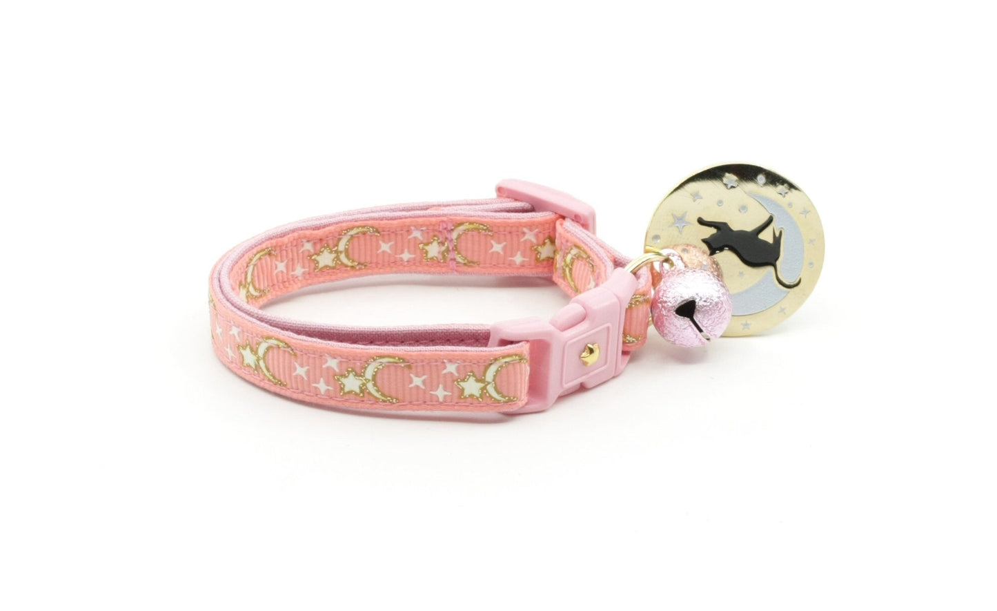 Gold Moons and Stars on Coral Pink Cat Collar