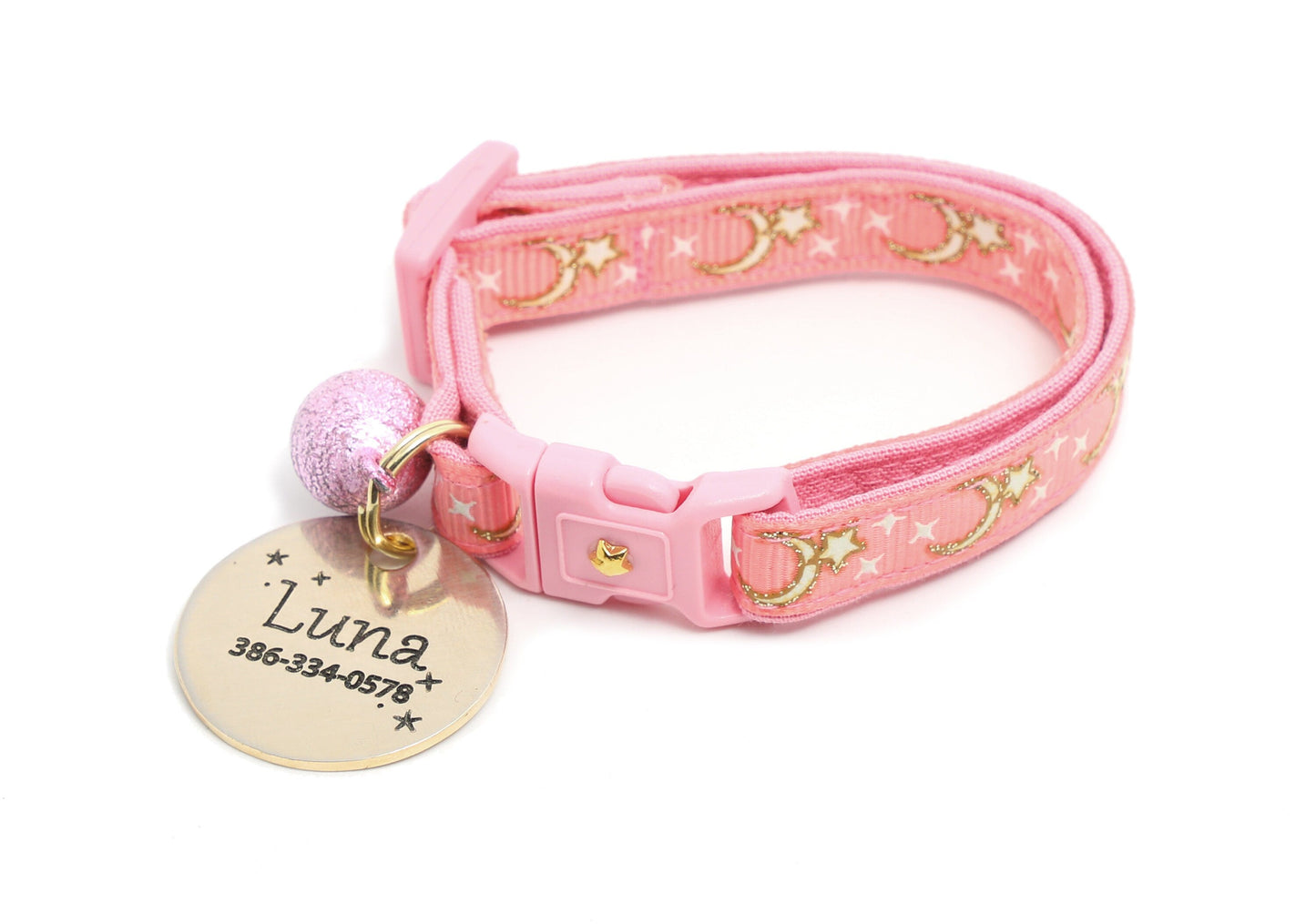 Gold Moons and Stars on Coral Pink Cat Collar