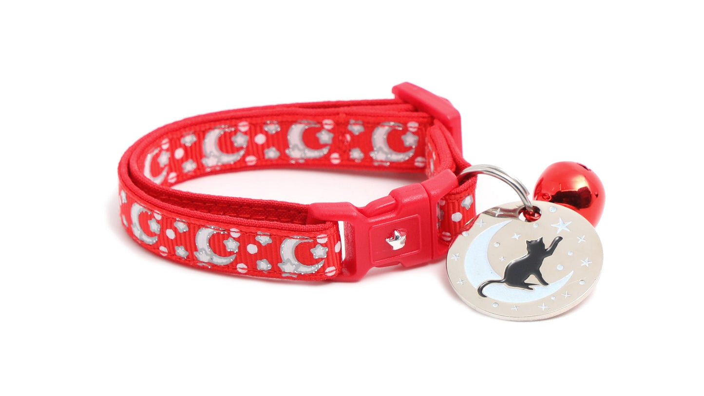 Silver Moons and Stars on Bright Red Cat Collar