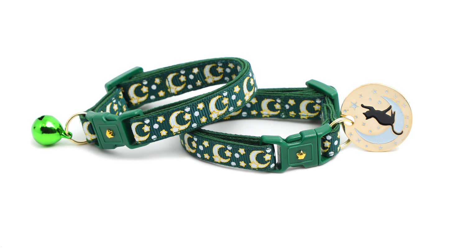 Gold Moons and Stars on Dark Green Cat Collar