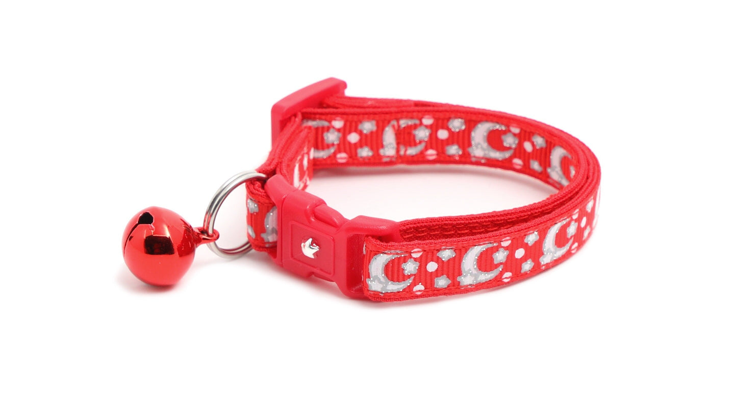 Silver Moons and Stars on Bright Red Cat Collar