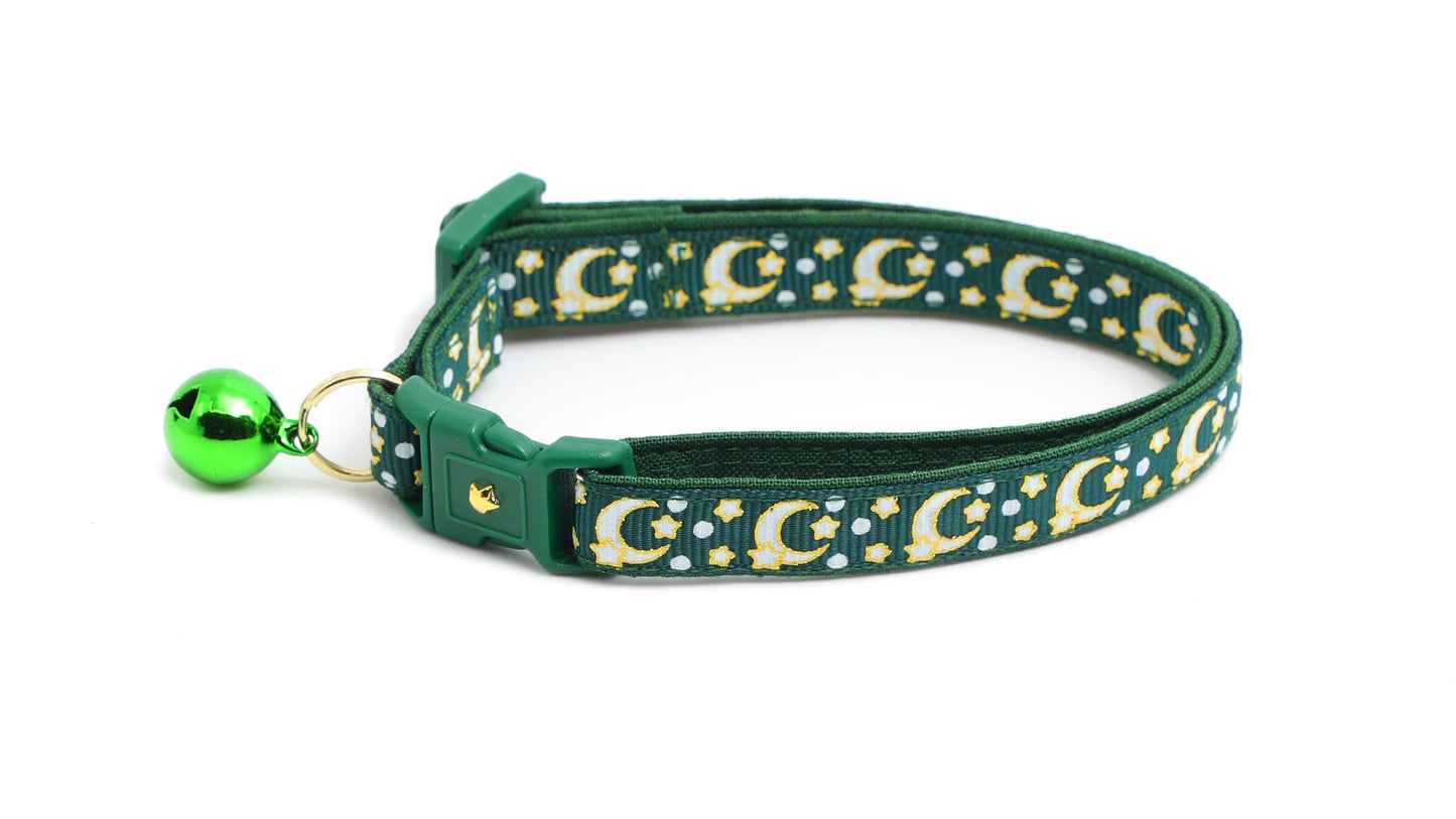 Gold Moons and Stars on Dark Green Cat Collar