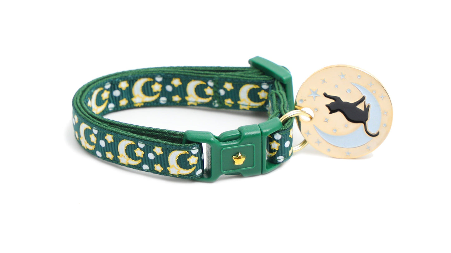 Gold Moons and Stars on Dark Green Cat Collar