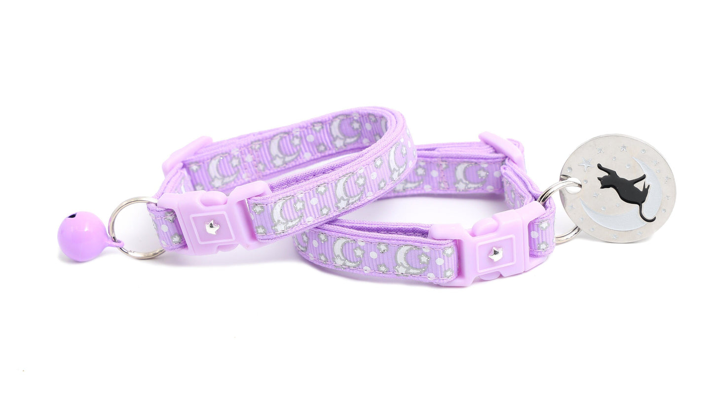 Silver Moons and Stars on Pastel Purple Cat Collar